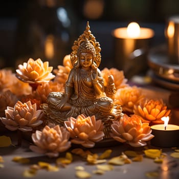 A golden buddha statue sits serenely amidst a circle of lotus flowers, creating a serene and spiritual atmosphere.