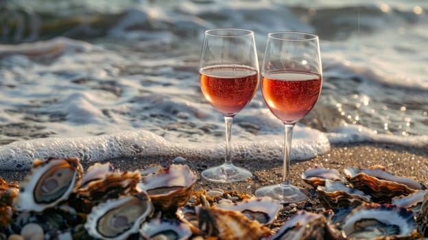 A glass of wine near the sea against the sky at sunset. selective focus. Generative AI, food