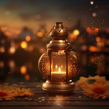 A golden lantern with intricate patterns, lit by a candle, on a wooden table with a blurry background of lights.