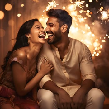 A loving couple laughs together amidst a stunning display of fireworks. The warm glow of the fireworks illuminates their faces, creating a magical and joyful atmosphere.