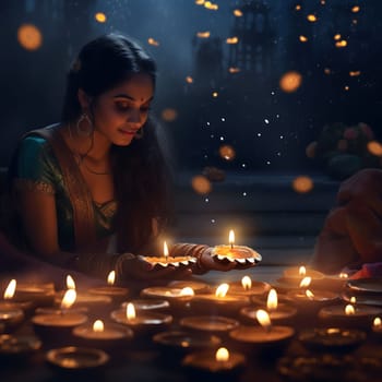 A woman lighting diya lamps during a festive celebration, creating a warm and spiritual atmosphere