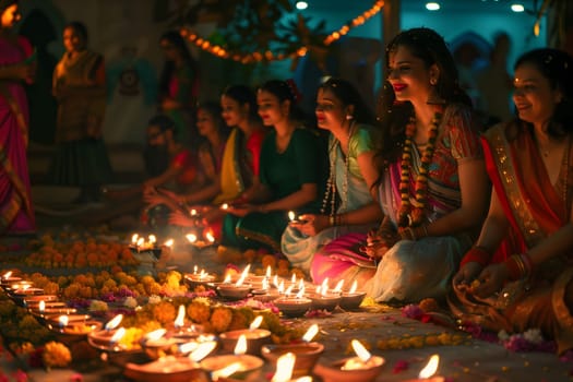A group of Indian women celebrating Diwali with lit diyas, creating a beautiful and spiritual atmosphere.