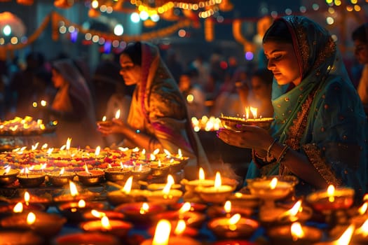 A woman in traditional Indian attire lights candles during Diwali festival in India.