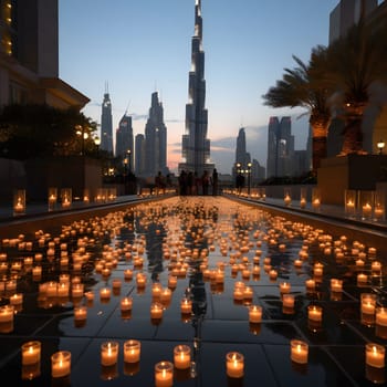 Candles line a reflective pool in the heart of Dubai, with the iconic Burj Khalifa towering in the background, creating a breathtaking cityscape panorama at night.