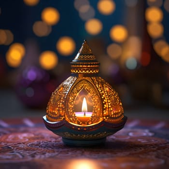 A close-up of an ornate golden lantern with a lit candle inside. The lantern is decorated with intricate patterns and designs, and the light from the candle creates a warm glow. The background is blurred and out of focus, creating a sense of mystery and wonder.