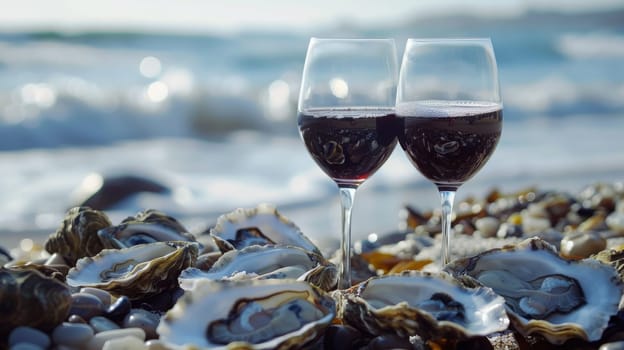 A glass of wine near the sea against the sky at sunset. selective focus. Generative AI, food