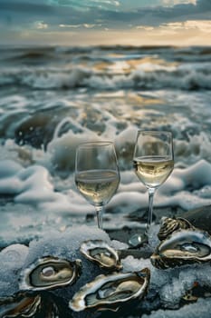 A glass of wine near the sea against the sky at sunset. selective focus. Generative AI, food