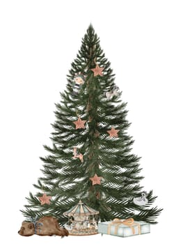 Christmas tree watercolor illustration. Holiday card. Hand drawn vintage evergreen tree with a bear, a nutcracker, a gift box and vintage toys carousel isolated on white background. Clip art of Christmas and New Year symbol. Ideal for greeting cards, posters and home crafts design. High quality illustration