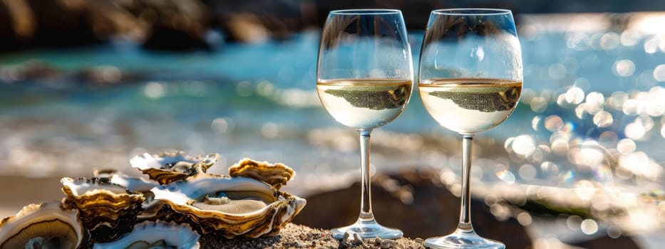 A glass of wine near the sea against the sky at sunset. selective focus. Generative AI, food