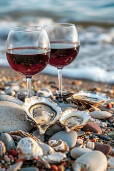 A glass of wine near the sea against the sky at sunset. selective focus. Generative AI, food