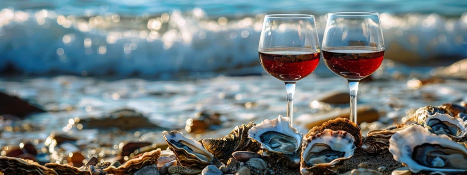 A glass of wine near the sea against the sky at sunset. selective focus. Generative AI, food