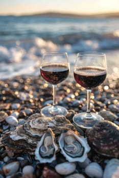 A glass of wine near the sea against the sky at sunset. selective focus. Generative AI, food