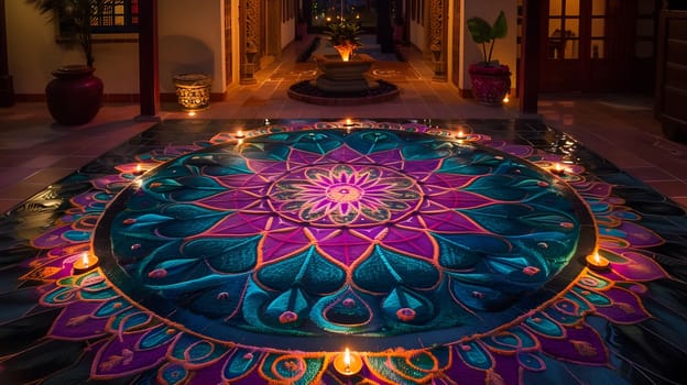 A beautiful mandala design on the floor lit by candles, creating a warm and inviting atmosphere