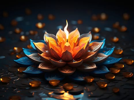 A luminous candle shaped as a lotus flower, with a mesmerizing blue water reflection, creating a captivating and peaceful scene.