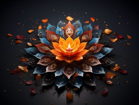 A colorful mandala made of layered petals, symmetrical design with vibrant colors against a black background.