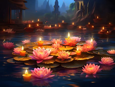 Floating candles illuminating water lily pads at night with a serene and tranquil atmosphere.