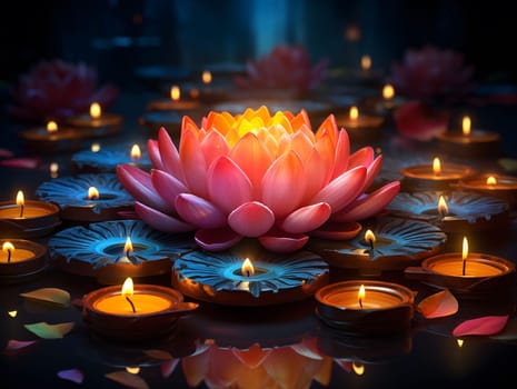 A pink lotus flower blooms in the center of a pool of water, surrounded by candles. The soft light of the candles creates a peaceful and serene atmosphere.