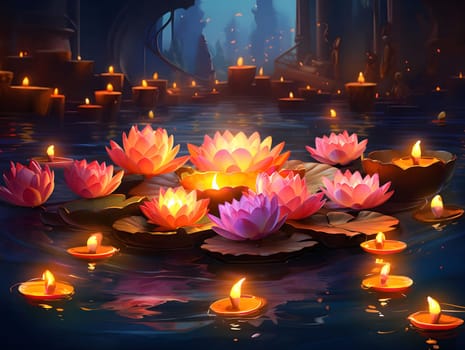 A mesmerizing scene of pink lotus flowers gracefully floating on a serene pond, bathed in the warm glow of candles. The soft lighting creates a tranquil atmosphere, evoking a sense of peace and wonder.