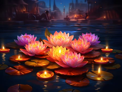 A serene scene of lotus flowers floating on a still body of water at night with candles illuminating the scene.