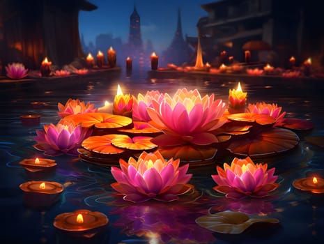 Water lilies bloom in a dark pond, reflecting the soft glow of candles floating on the surface.