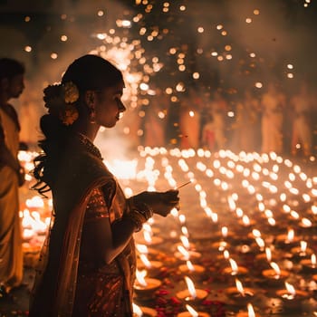 A woman lights diyas during a festival in India. The image captures the beauty and spirituality of the event.