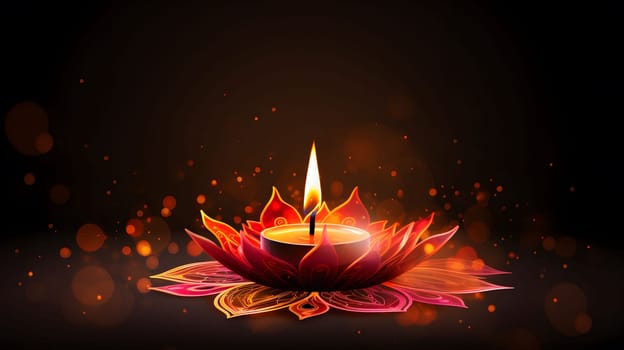 A lit candle on a lotus flower, symbolizing the light of Diwali, a Hindu festival of lights.