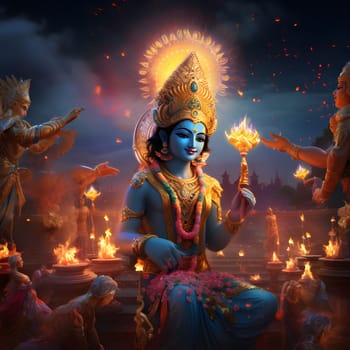 Lord Vishnu, a major deity in Hinduism, is depicted in this digital artwork, radiating with divine power and light, a depiction of spirituality and mythology