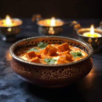 A bowl of Indian butter chicken, a creamy and flavorful dish with tender chicken pieces in a rich tomato sauce. The dish is garnished with fresh cilantro and is served in a traditional metal bowl.