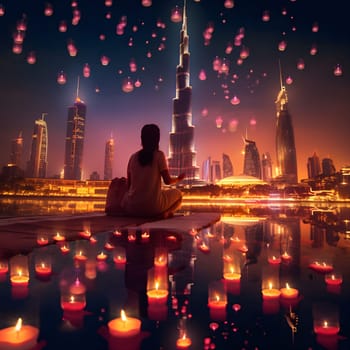 A woman meditates on a platform with floating lanterns in the air. The scene is set in Dubai, against the backdrop of the iconic Burj Khalifa and other towering buildings. The image depicts a sense of peace and tranquility.