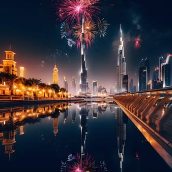 A vibrant fireworks display over the iconic Dubai skyline at night. The reflection of the lights and fireworks in the water create a stunning visual spectacle.