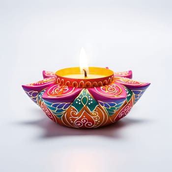 A close-up image of a beautifully decorated candle in a lotus shape, lit and glowing brightly against a white background.