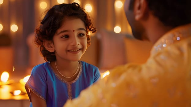 A young Indian girl smiles at her father as they celebrate Diwali. Warm lights illuminate the scene, creating a joyous and festive atmosphere.