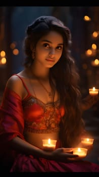 A portrait of a woman wearing a red dress and holding candles, with warm light and romantic lighting. The image captures the beauty and grace of the woman, and the warmth and glow of the candles
