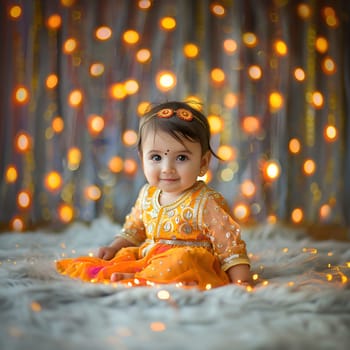 A beautiful baby girl in a traditional Indian dress smiles warmly at the camera. The soft lighting and background create a festive atmosphere.