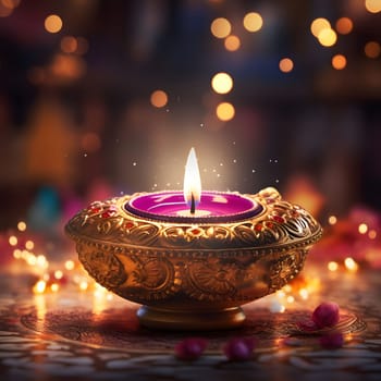 A close-up of a golden candle holder with a purple candle lit, set against a warm bokeh background. The candle glows softly, casting a warm, inviting light.