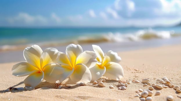 Plumeria flowers on the beach on the sand. selective focus. Generative AI, holidays