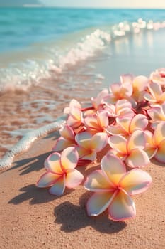 Plumeria flowers on the beach on the sand. selective focus. Generative AI, holidays