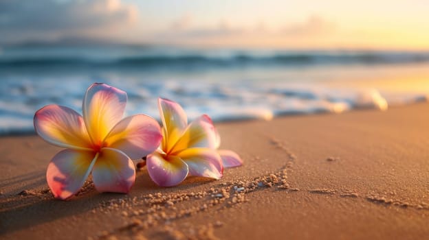 Plumeria flowers on the beach on the sand. selective focus. Generative AI, holidays