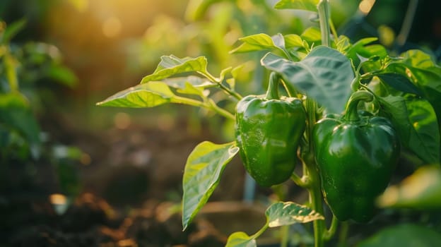 green bell peppers growing in the garden, Generative AI,