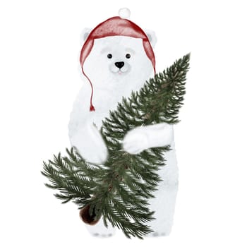 Christmas card watercolor. Hand drawn polar bear in red hat with Christmas tree on isolated white background. Clip art New Year greeting card. Ideal for Xmas design. High quality illustration