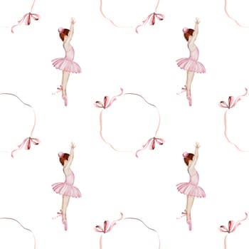 Ballerina watercolor pattern. Hand drawn seamless incredible girl dancer in pink tutu skirt with vintage bows. Clip art on isolated white background of cute ballet beauty.Ideal for baby textiles