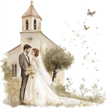 Image of bride and groom near church. High quality photo