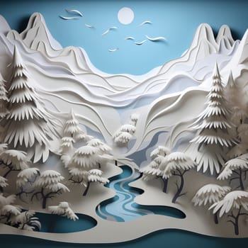 Graphic image of mountains, forests and river in winter. High quality photo
