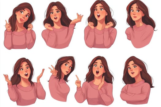 Set of images, beautiful woman with brown hair, wearing pink sweater, making different gestures and facial expressions, isolated on white background. High quality photo