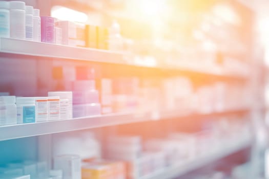 Abstract image of a showcase with medicines, cosmetics in a pharmacy. High quality photo