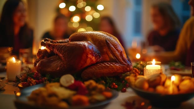 Festive dinner. On the table is a traditional dish - roast turkey. High quality photo