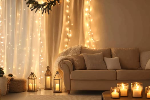 Traditional festive interior of the apartment. Evening light from garlands. High quality photo