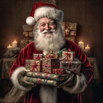 Cheerful santa claus with a gift in his hands.