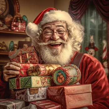 Cheerful santa claus with a gift in his hands.