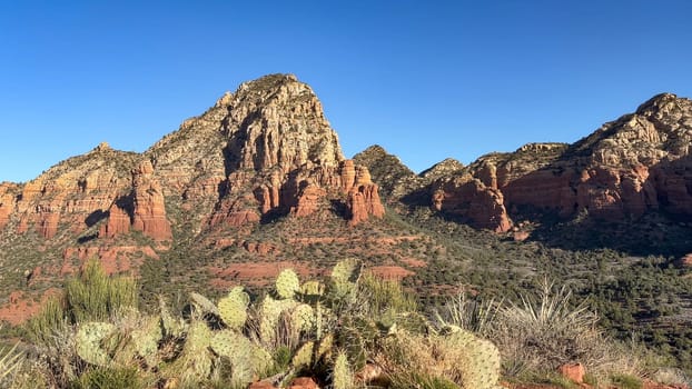 A view from Sugarloaf Mountain in Sedona, Arizona of Capitol Butte and surrounding red rock mountains. The beautiful view encompasses prickly pear cacti, desert fauna, and clear blue skies - USA